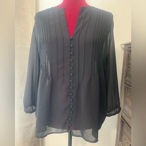 New York & Company Black Blouse with Mandarin Collar and Cuffed Sleeves